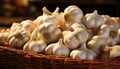 Pictoric still life of garlic heads in a basket