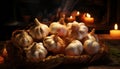 Pictoric still life of garlic heads in a basket with candle light. Illustration AI