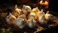 Pictoric still life of garlic heads together with a warm light. Illustration AI