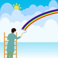 Man on a ladder painting a rainbow on clouds