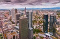 Picture from above over the banking district with skyscrapers and the Feldberg in the background under dark dramatic clouds