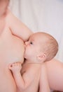 Picture of adorable baby feeds mom`s breast