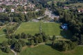 Picture of an aerial view with a drone of the city of Grafenau in the Bavarian Forest with spa gardens and soccer field, Germany