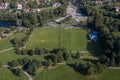Picture of an aerial view with a drone of the city of Grafenau in the Bavarian Forest with spa gardens and soccer field, Germany