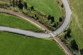 Picture of an aerial view with a drone of an unguarded railroad crossing in the Bavarian forest near Grafenau, Germany Royalty Free Stock Photo