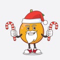 African Mangosteen cartoon mascot character in Santa costume with candy