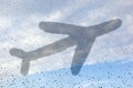 Picture of an airplane on misted glass. A window glass with raindrops against a sky. The concept of non-flying weather, flight Royalty Free Stock Photo