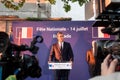 Aleksandar Vucic, President of Serbia standing and making a speech at the French embassy