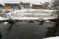 picture of ancient houses with paddy and moat when white snow is Royalty Free Stock Photo