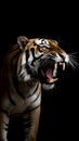 Picture of an angry tiger roaring. Black background. Generative AI.