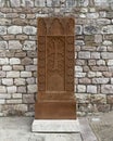 Copy of an Armenian stele of 1308 AD by master Momik outside the Basilica of Saint Francis of Assisi. Royalty Free Stock Photo