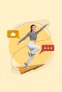 Picture artwork 3d collage of positive happy girl raise fist flying paper plane chatting social media isolated on