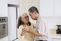 Happy old couple dancing together in the kitchen Royalty Free Stock Photo