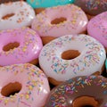 Picture of assorted donuts with chocolate frosted, pink glazed and sprinkles donuts