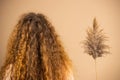 Picture of back view of woman with red curly hair posing with a reed foliage branch over golden background, nature Royalty Free Stock Photo