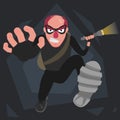 A picture of a balding thief in a mask that runs with a flashlight in his hand and pulls his hand forward