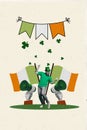 Picture banner collage of joyful middle aged man dance celebrate ireland st patrics day isolated on painted background