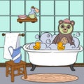 Picture of a bear bathing in the bathroom with ducklings
