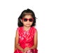 Picture of beautiful liitle girl in red chinese dress wearing sun glasses sitting on chair