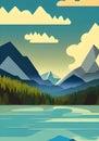 Illustration of a Picturesque Natural Landscape with Mountains and Lake