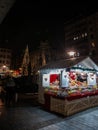 BELGARDE, SERBIA - DECEMBER 21, 2021: Selective blur on sheds Boutiques of the Belgrade Christmas market at night, on Kneza