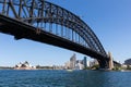 Picture from below the Harbour bridge with Opera house and city skyline. View from the public ferry boat. Sydney, Australia Royalty Free Stock Photo