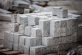 Pellet with granite block cobblestone paving stones, stacked, ready to be used on a construction site, a road and sidewalk