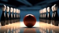 Picture of bowling ball hitting pins scoring a strike. Generative AI. Royalty Free Stock Photo