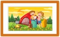 A picture of boy and girl camping outdoor scene