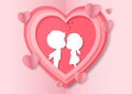 A picture of a boy and a girl kissing, have hearts all around. Love card Valentine`s day on abstract background. Paper craft styl Royalty Free Stock Photo