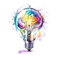 Brain inside a light bulb, dreamy, watercolor art on white background