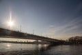 Shape of people, pedestrians, walking over brankov most Branko`s bridge, facing New belgrade, while crossing the Sava river Royalty Free Stock Photo