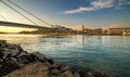 Picture of Bratislava capital city of Slovakia during sunset from petrzalka shore. Royalty Free Stock Photo