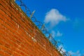 Brick wall with barbed wire against a blue sky background Royalty Free Stock Photo