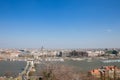 Aerial view of Budapest from Buda hill, with the Danube river, Szechenyi chain bridge, and Szent Istvan Basilica. Royalty Free Stock Photo