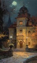 Picture of a building illuminated at night by autumn light in an elegant baroque style Generative AI