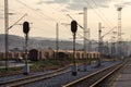Abandoned cargo wagons on a train station, near a railway yard, at dusk, with railway signals in front, in an industrial freight l Royalty Free Stock Photo