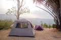 Picture of camping point at morning.Travel, camping and tent in the morning and sky scenery in Thailand. Travel concept