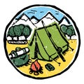 Picture of camping in the woods. Nature and resting. Emblem, label.