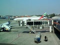 Emirates flight getting ready for take off from Mumbai airport, India