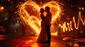 A picture of caucasian couple hugging each other near heart shape fire. AIGX01. Royalty Free Stock Photo