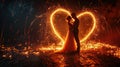 A picture of caucasian couple hugging each other near heart shape fire. AIGX01. Royalty Free Stock Photo