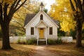A picture of a charming small white church with a yellow door, standing in a serene landscape, Quaint one-room schoolhouse in a