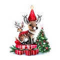 Christmas theme cute reindeer and tree made of little paws on White background.