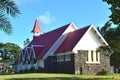 Picture of a church with a red roof and located close to a beach, very famous touristic place within Mauritius Island.
