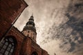 Main tower of Riga Church of Saint Peter at dusk. Saint Peter Church Cathedral also called Sveta Petera Evangeliski luteriska