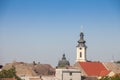 Panorama of the city center of Sremska Mitrovica, Serbia, with houses roofs and the clocktower steeple arhiv, the Vmuc Dimitrije