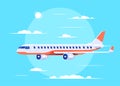 Airplane flying over the clouds, flat design Royalty Free Stock Photo