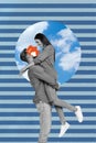 Picture collage sketch of enamored man hold lovely girl kissing hugging isolated on blue drawing background Royalty Free Stock Photo