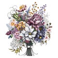 Color drawing a bouquet of flowers roses, lilies, and daisies background Royalty Free Stock Photo